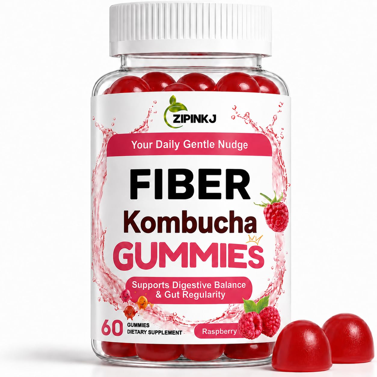 ZIPINKJ Probiotic Kombucha Fiber Gummies, Gummy, 60 Count