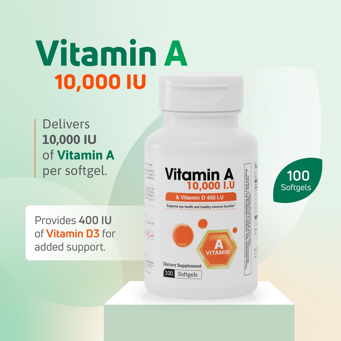 Nutra Nutrition Vitamin A 10,000 IU & Vitamin D3 400 IU Capsules, 100 Count