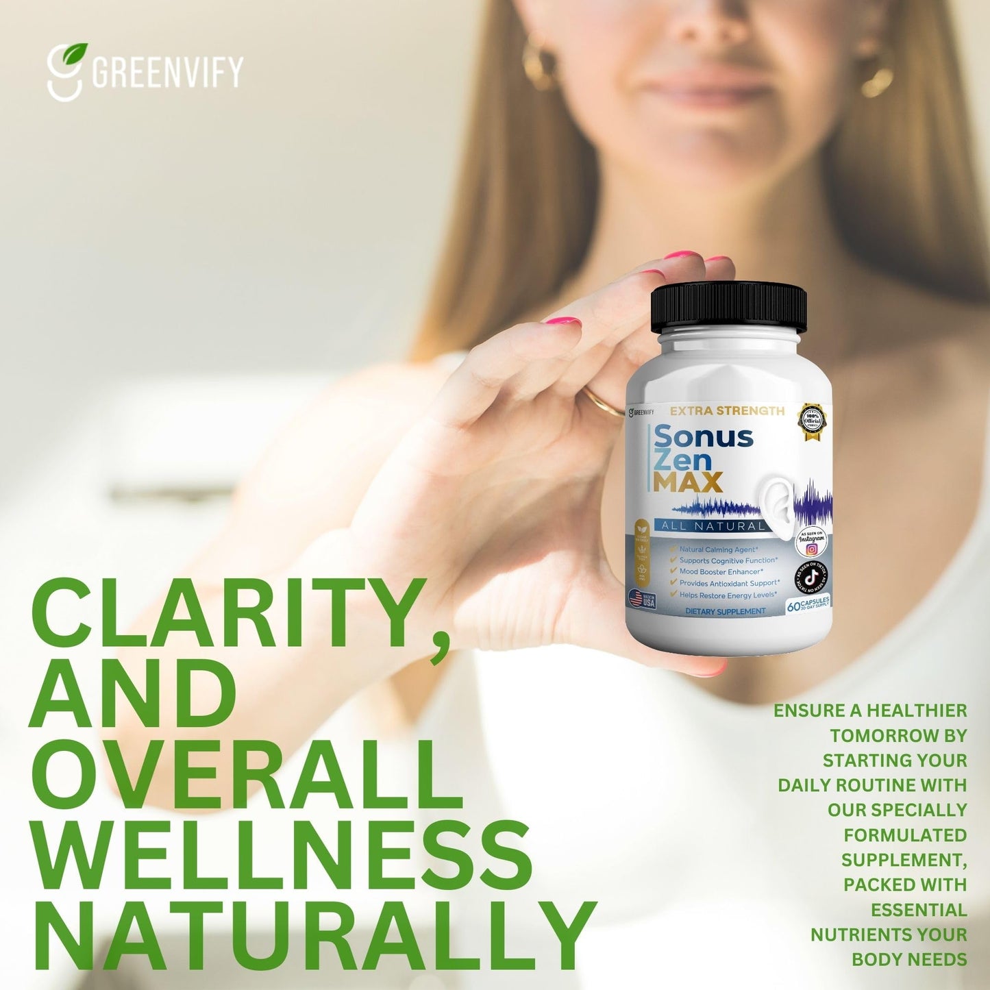 GREENVIFY Sonus Zen MAX Dietary Supplement All Natural with Ginkgo and Red Asian Ginseng 60 Capsules