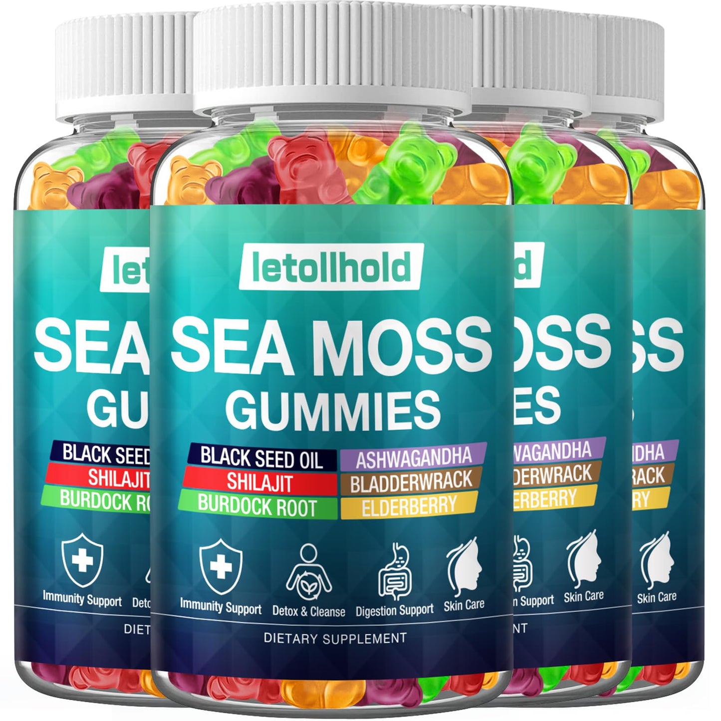 letollhold Irish Sea Moss Gummies with Ashwagandha, Bladderwrack & Burdock Root for Immune Support and Energy, 240 Gummies