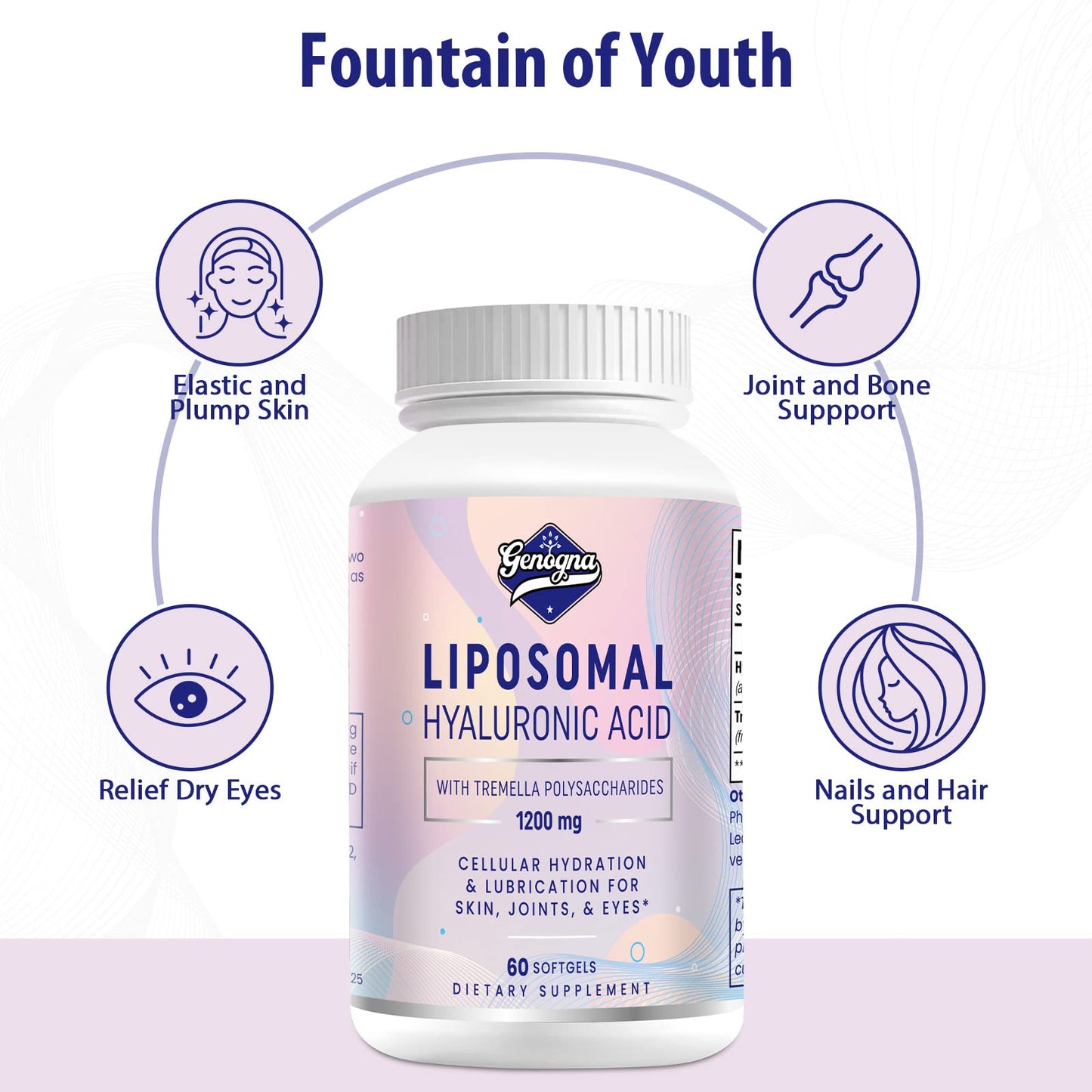 Genogna Liposomal Hyaluronic Acid Softgels 1000mg with Tremella Polysaccharides, 120 Count