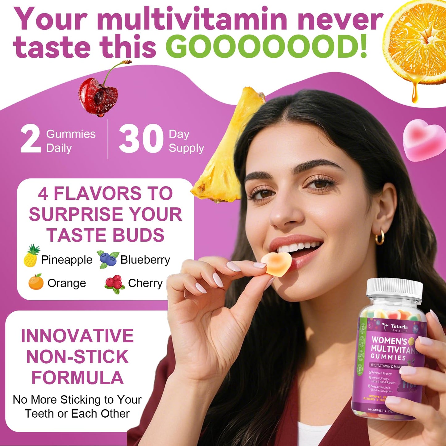 Totaria Sugar Free Women's Multivitamin with Iron and C, D3, K2, B12, B6 Gummies, 60 Count