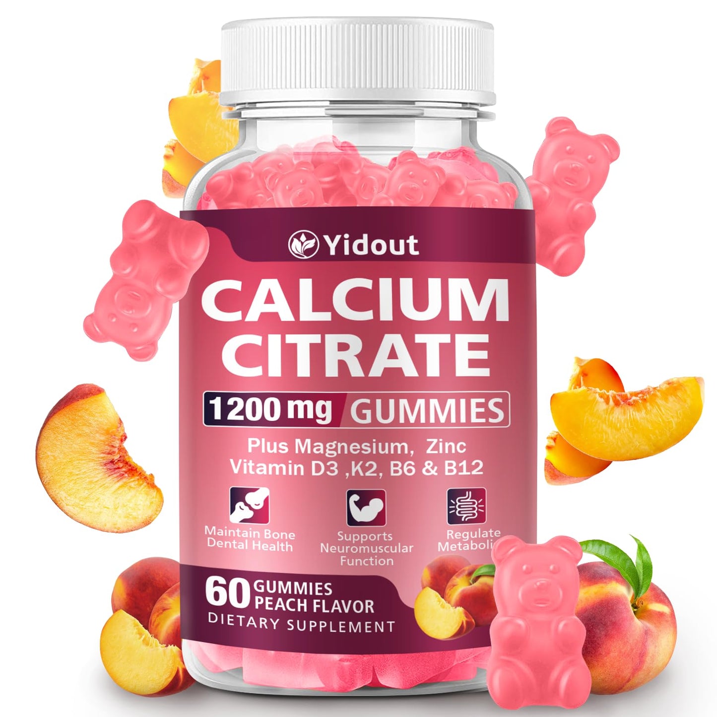 Yidout Calcium Citrate Gummies 1200mg, High Absorption Bone & Immune Support, Peach, 60 Count