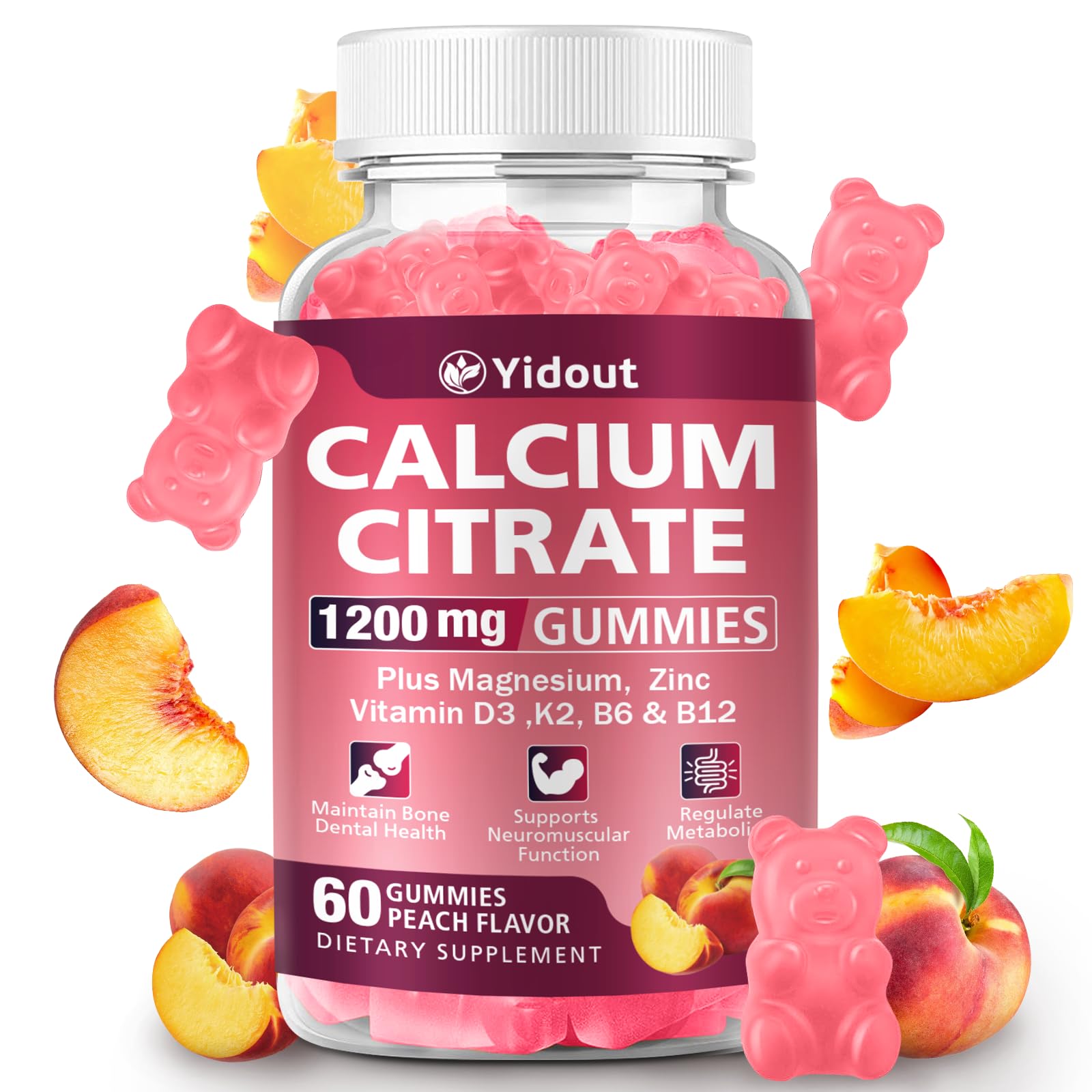 Yidout Calcium Citrate Gummies 1200mg, High Absorption Bone & Immune Support, Peach, 60 Count