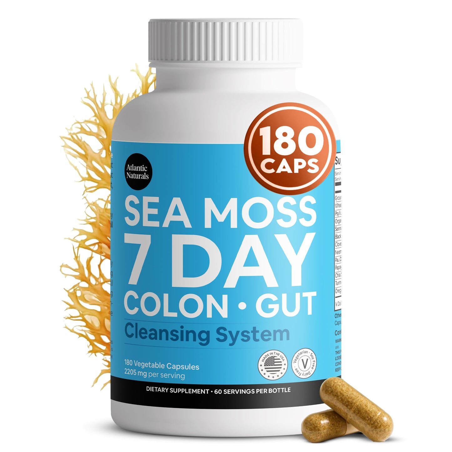 Atlantic Naturals Sea Moss 7 Day Colon & Gut Capsules, 180 Capsules