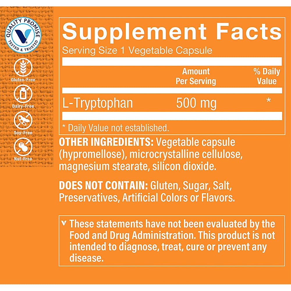 The Vitamin Shoppe L-Tryptophan 500mg Sleep Quality & Mood Support Capsule, 120 Count