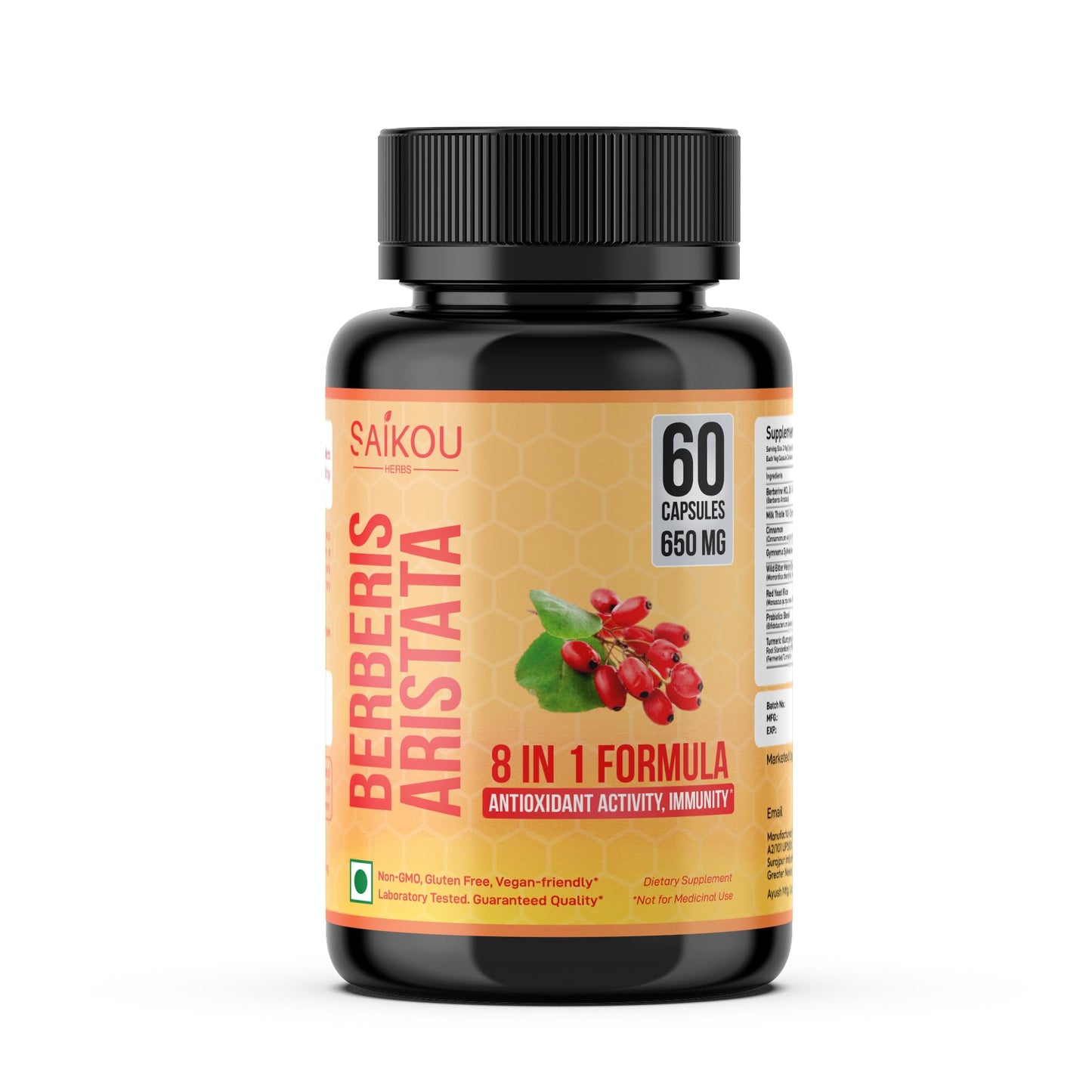 SAIKOU HERBS Berberine HCL Extract 1300mg with Milk Thistle, Ceylon Cinnamon, Gymnema Sylvestre & Turmeric Capsules, 60-count