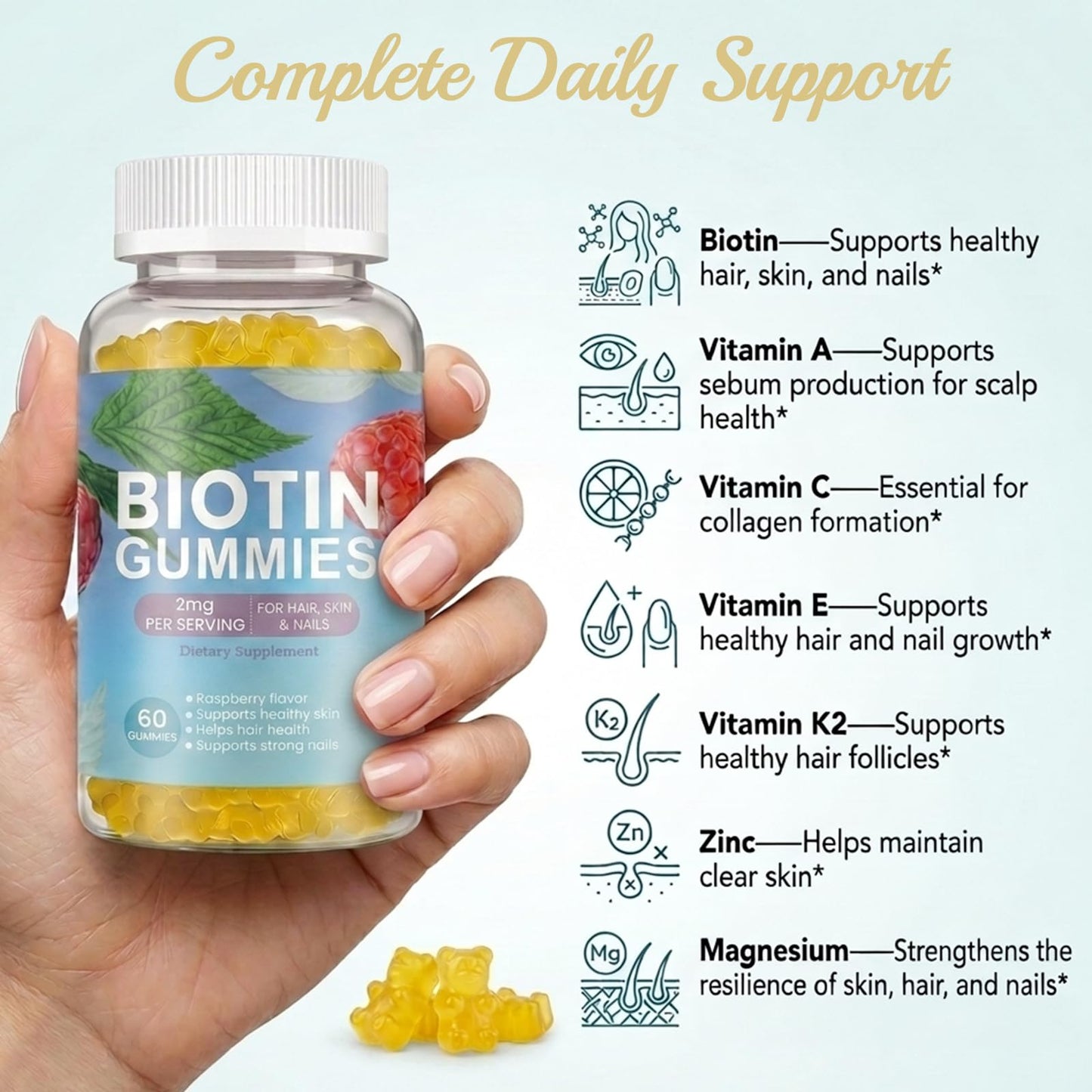 Dyeazirn Hair Growth Gummies, Biotin Vitamins for Women & Men, Hair Skin and Nails Gummies, Biotin Supplement for Stronger Hair, Vegan, 60 Count
