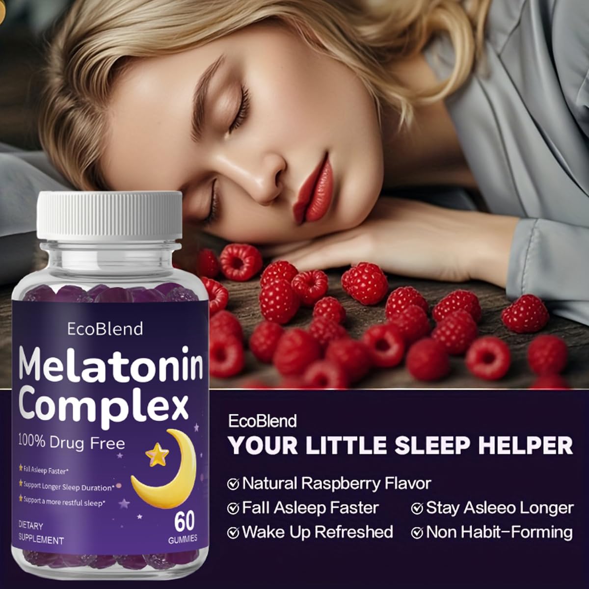 EcoBlend Sleep Gummies 10mg Melatonin Magnesium Sleep Supplement for Adults, Raspberry Flavor, 90 Gummies