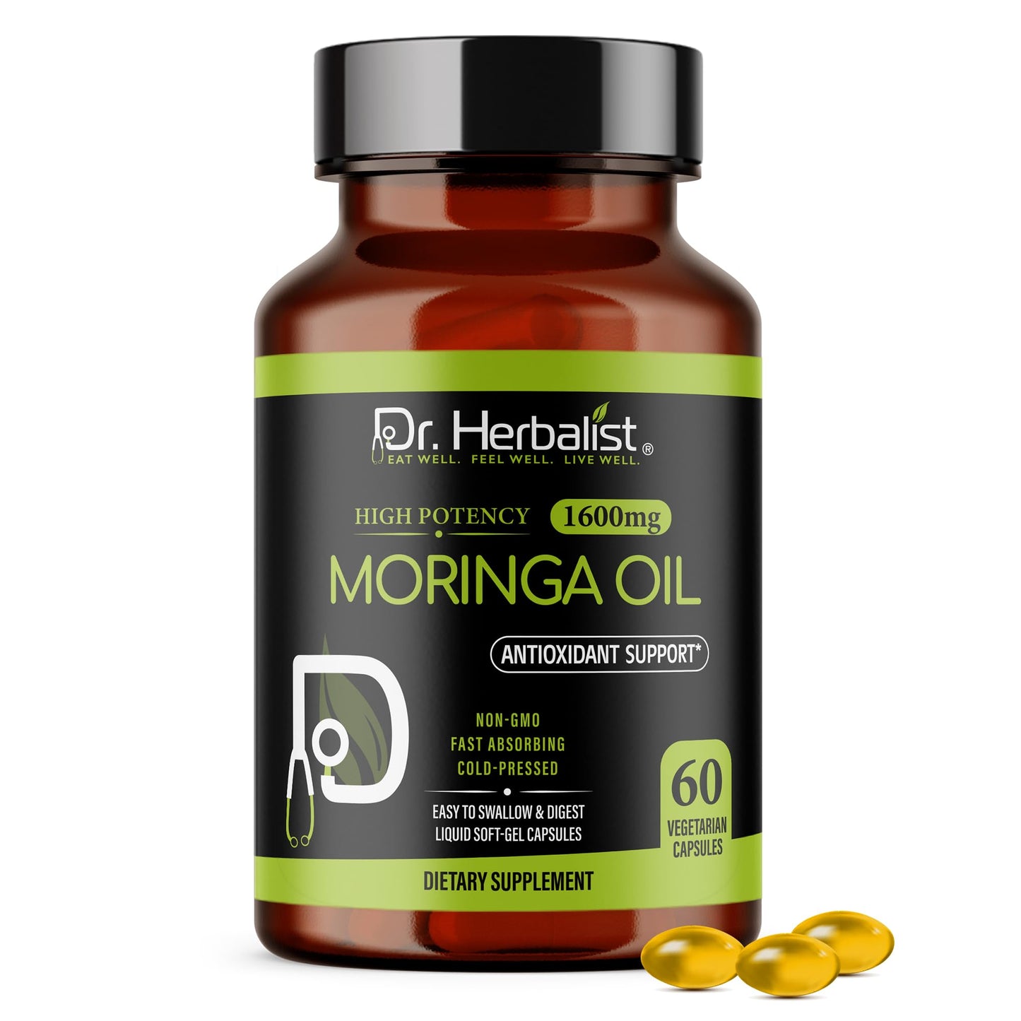 Dr. HERBALIST Moringa Oil Capsule 1600mg, Cold Pressed, Halal, 60 Count