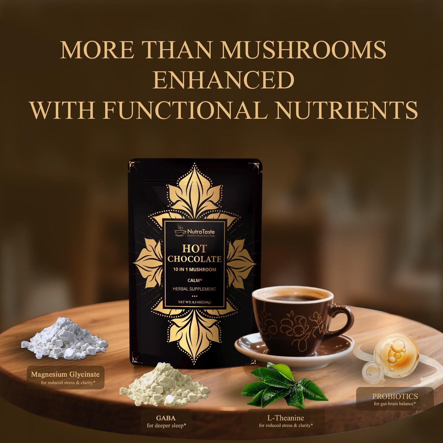NUTRATASTE HEALTHIER CHOICE RICHER TASTE Mushroom Hot Cocoa with Magnesium Glycinate & L-Theanine, GABA Powder 8.5 oz