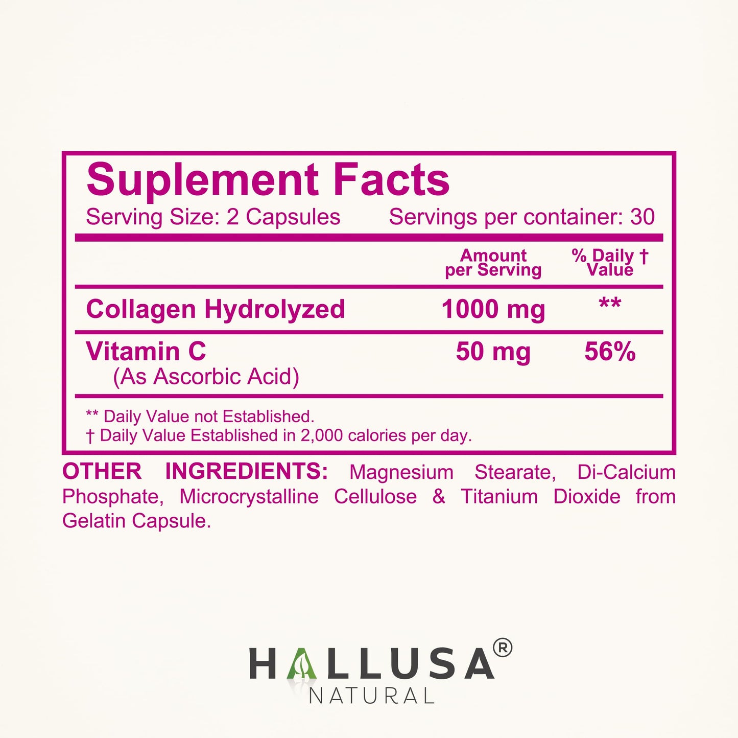 Hallusa Natural Hydrolyzed Collagen Capsules 1000mg with Vitamin C, 60 Capsules