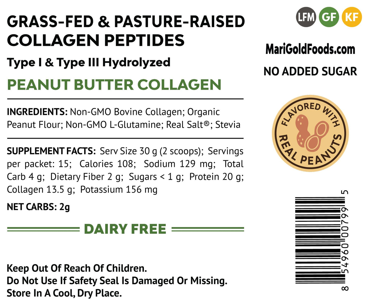 MariGold Grass-fed Collagen Peptides Powder Peanut Butter - 16 oz