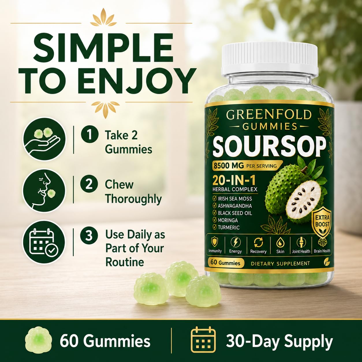 Greenfold Soursop Gummies 20-in-1 Immune Support & Daily Wellness, Herbal Supplement with Soursop Leaf Extract, Sea Moss, Ashwagandha, Black Seed Oil, Moringa, Turmeric & Oregano, Vegan 60 Gummies