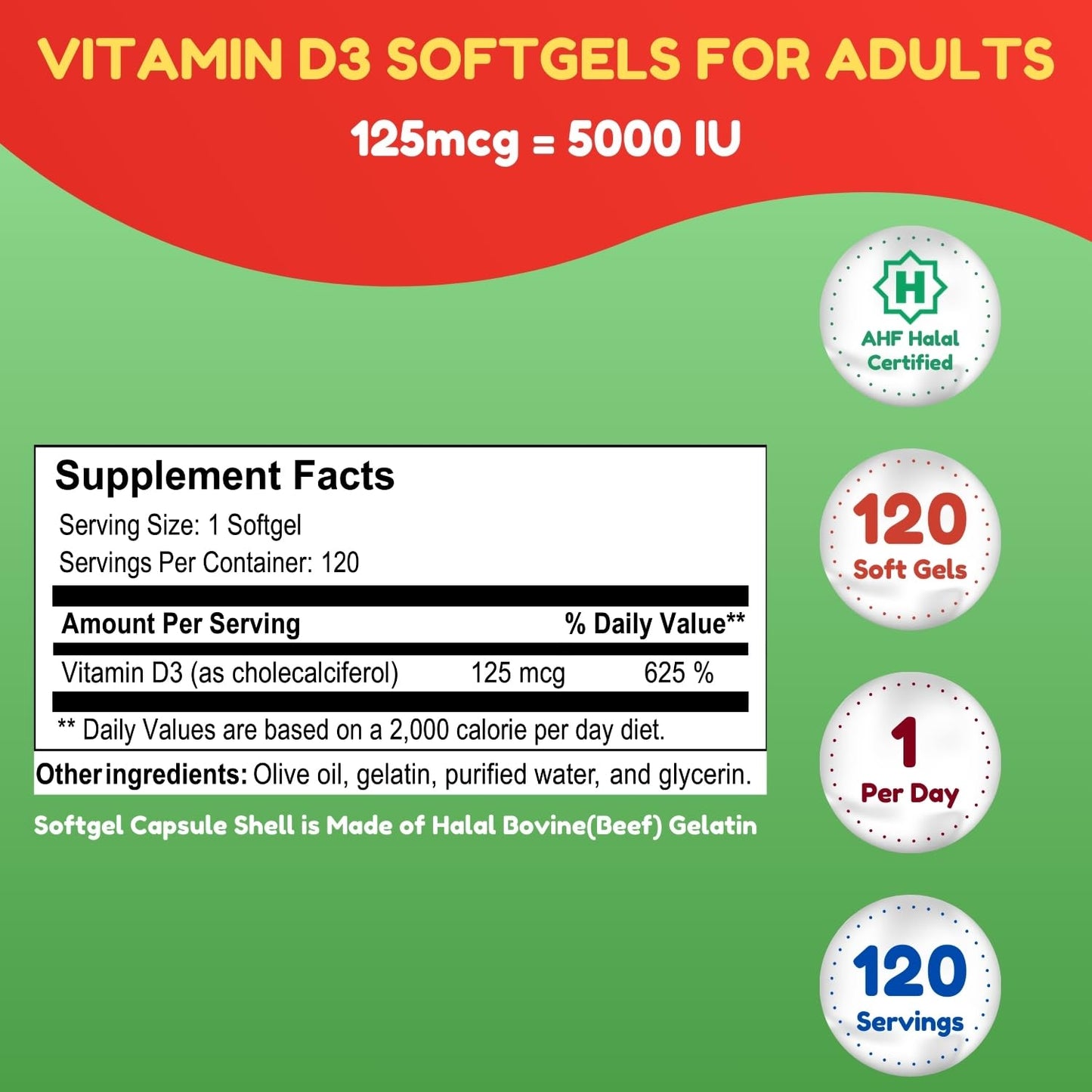 SHIFAA NUTRITION Halal Vitamin D3 Softgels 120 count