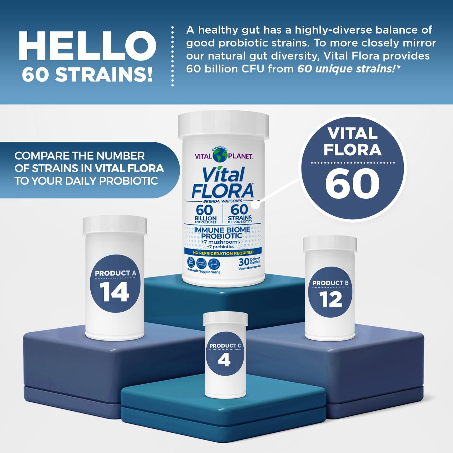 Vital Planet Vital Flora Immune Support Probiotic Capsules, 60 Billion CFU, 60 Strains, 7 Organic Mushroom Blend with Prebiotics, Shelf Stable, 30 Capsules