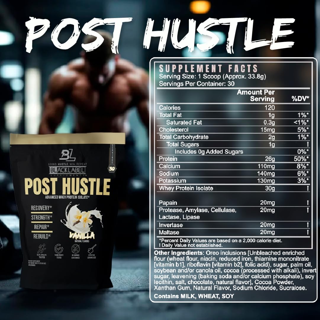 BLACKLABEL Supplements Post Hustle Post Workout Protein Powder, Whey Protein Isolate with Digestive Enzymes, Vanilla — 40 Servings