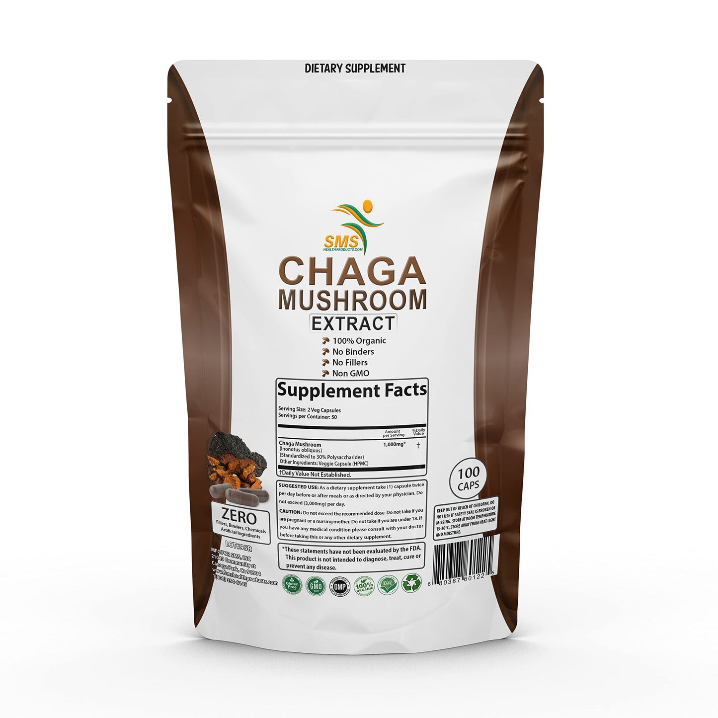 SMSHEALTHPRODUCTS.com Chaga Mushroom Capsules 100 Veggie Caps