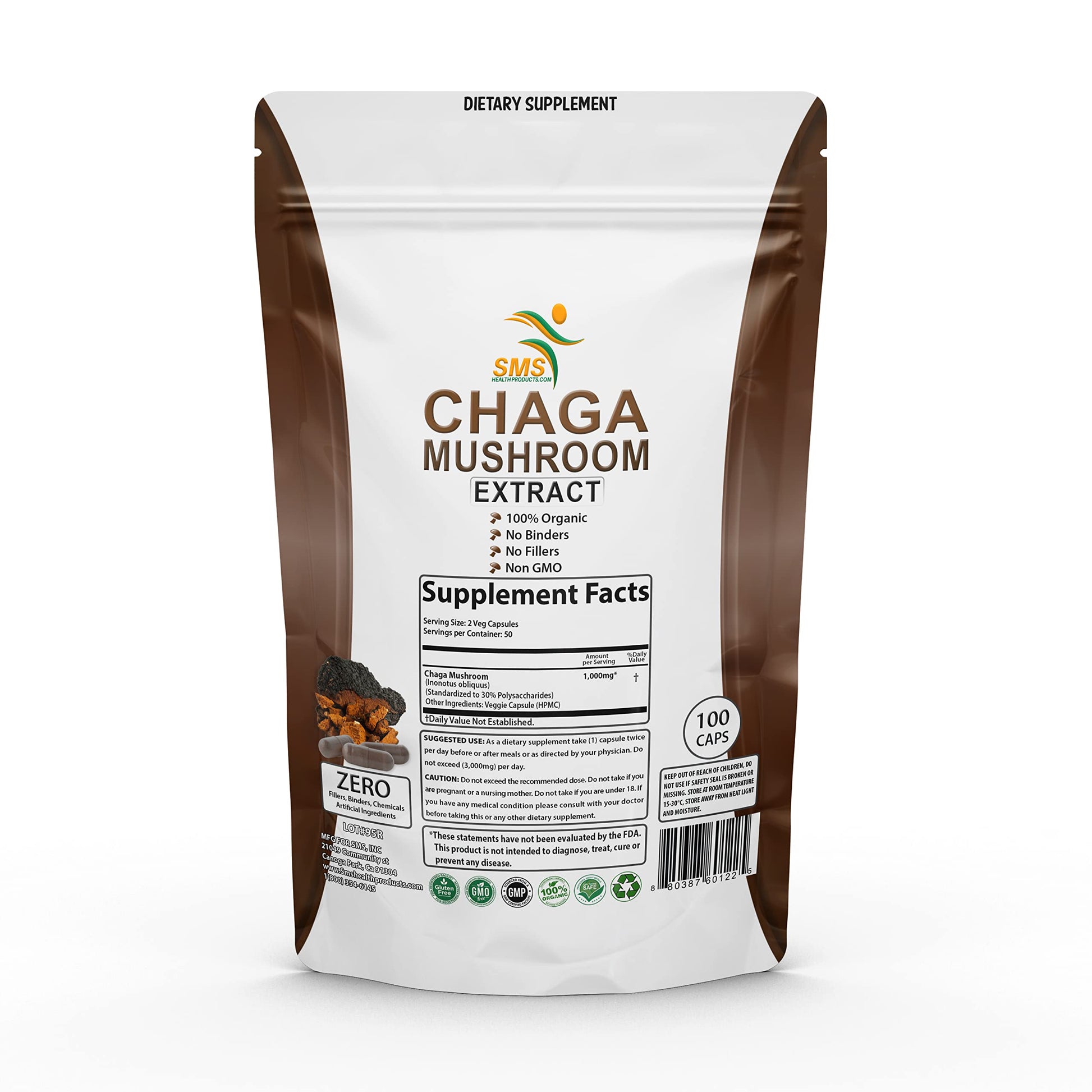 SMSHEALTHPRODUCTS.com Chaga Mushroom Capsules 100 Veggie Caps