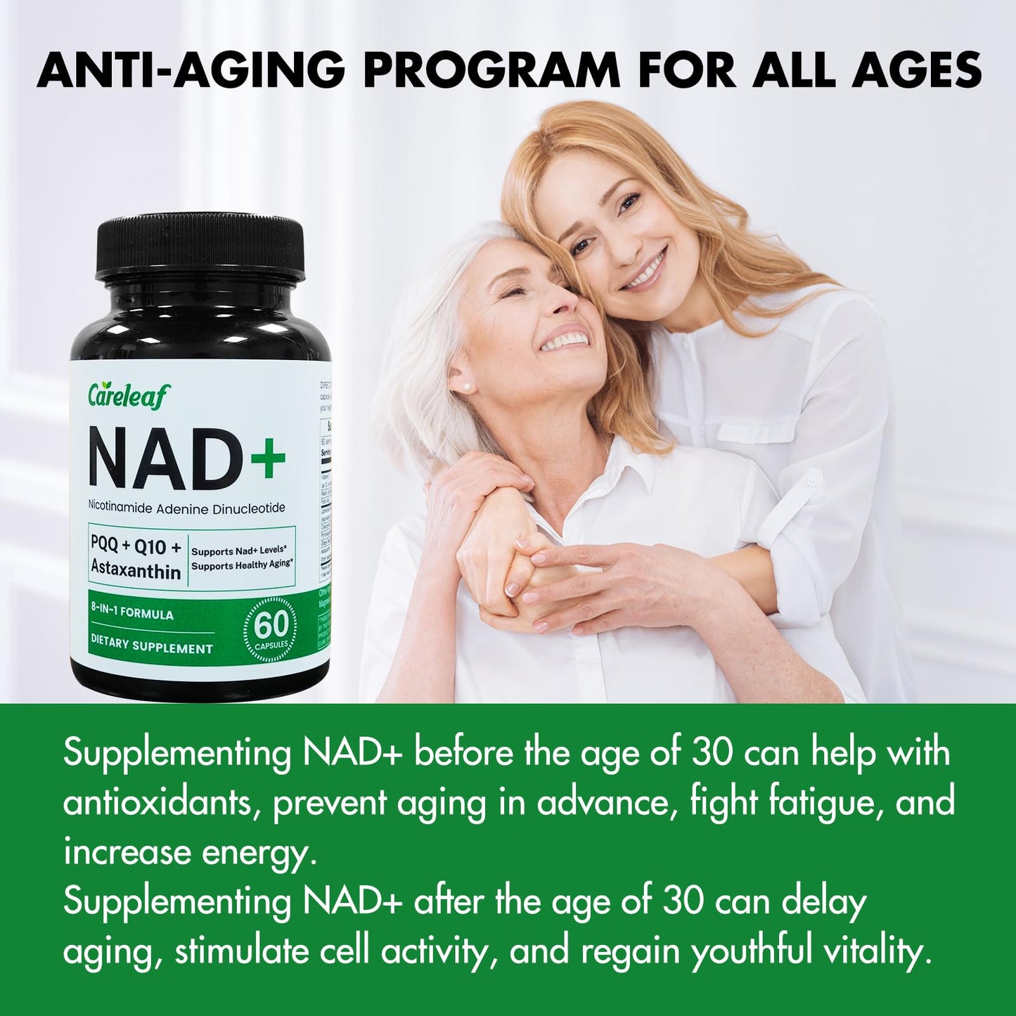 careleaf NAD+ Supplement 300mg, Liposomal NAD Boost with PQQ, Astaxanthin, Folic Acid, Vitamin E, Anti-Aging, Cell Longevity, Energy Metabolism, 60 Capsules