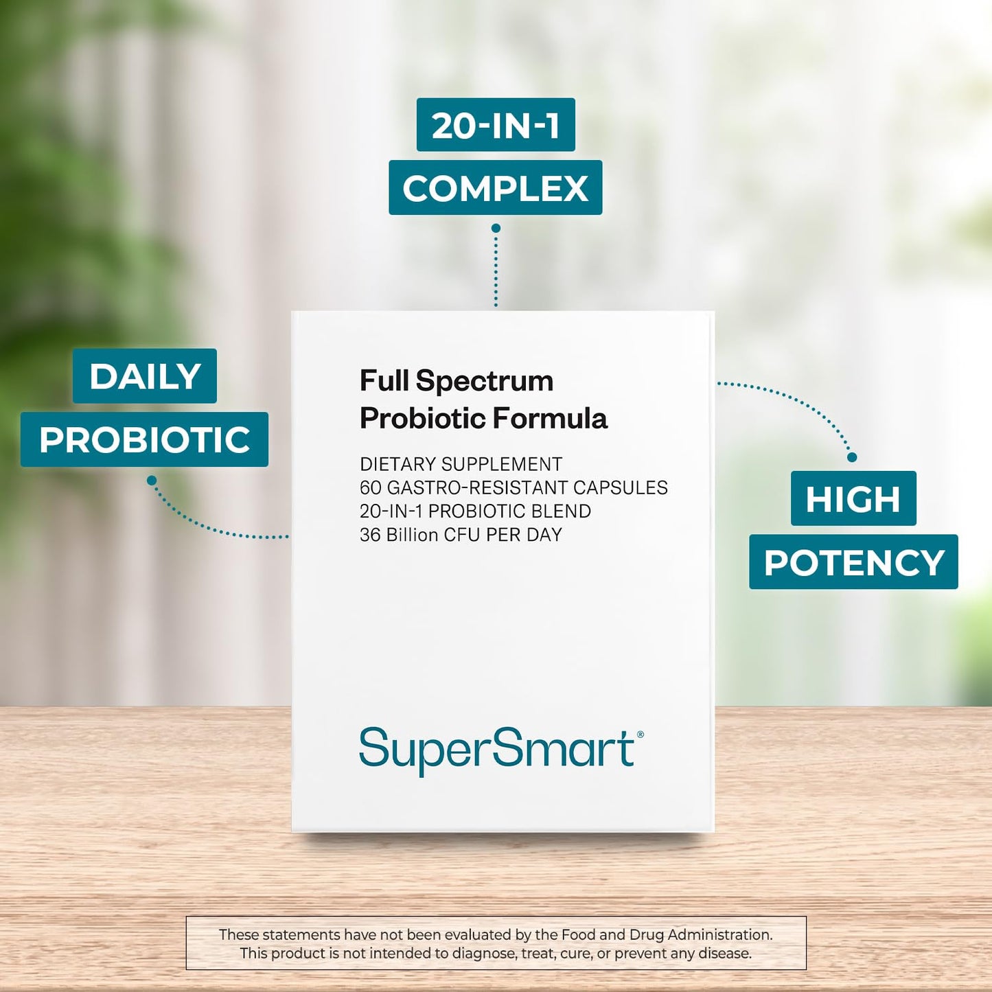 Supersmart Full Spectrum Probiotic Formula 36 Billion CFU per Day (20-in-1 Complex) - with Lactobacillus Reuteri, Gasseri, Rhamnosus, Crispatus, Non-GMO & Gluten Free, 60 Vegetarian Capsules