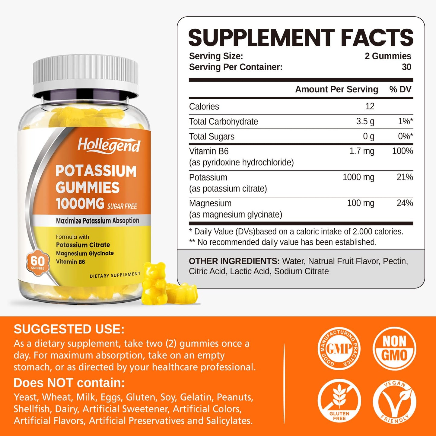 HOLLEGEND Potassium Gummies 1000mg Maximize Absorption Blend with Vitamin B6 and Magnesium, Potassium Citrate Supplement for Adults, Sugar Free, 60 Gummies