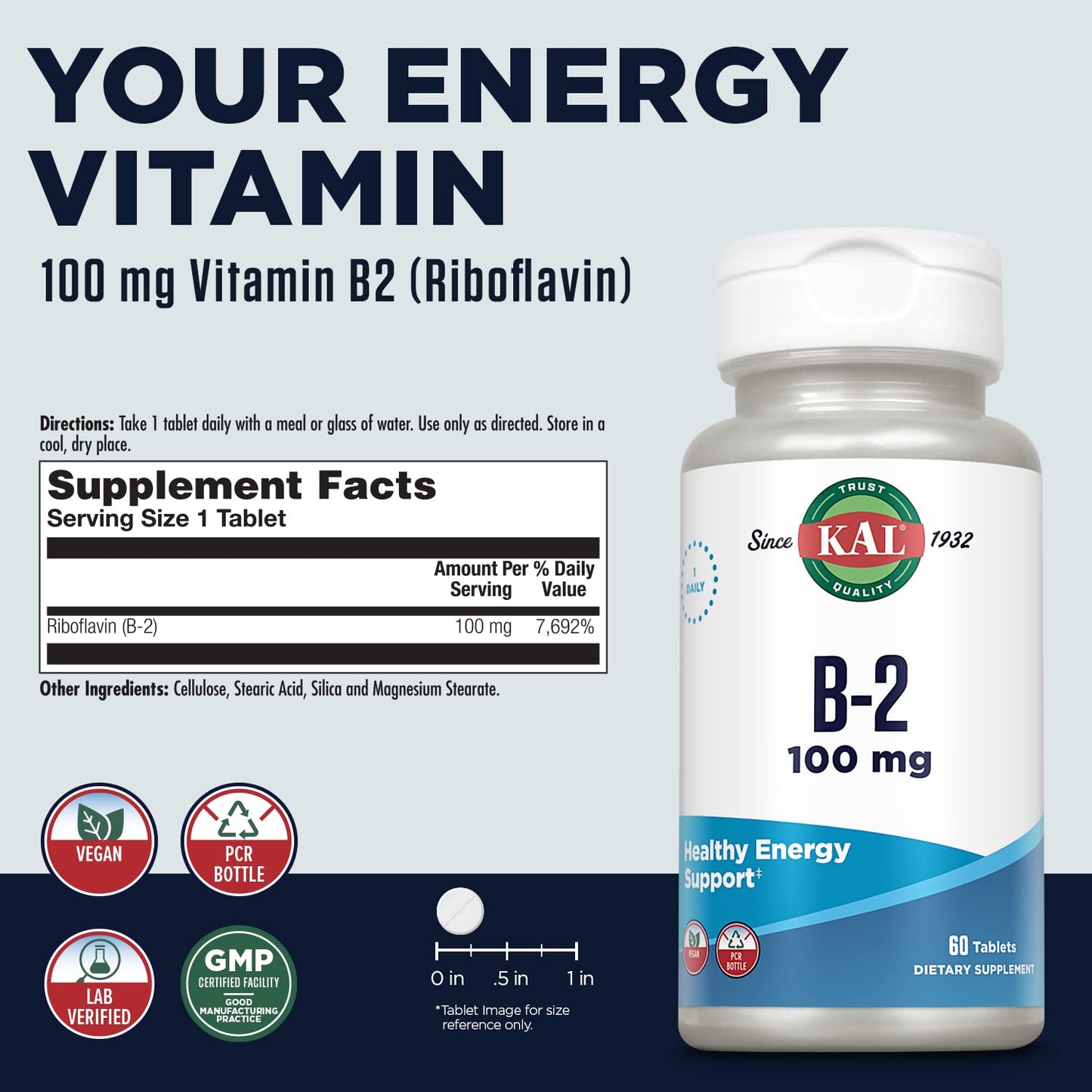 KAL Vitamin B2 100mg, Riboflavin B2 Tablet, 60 Tablets