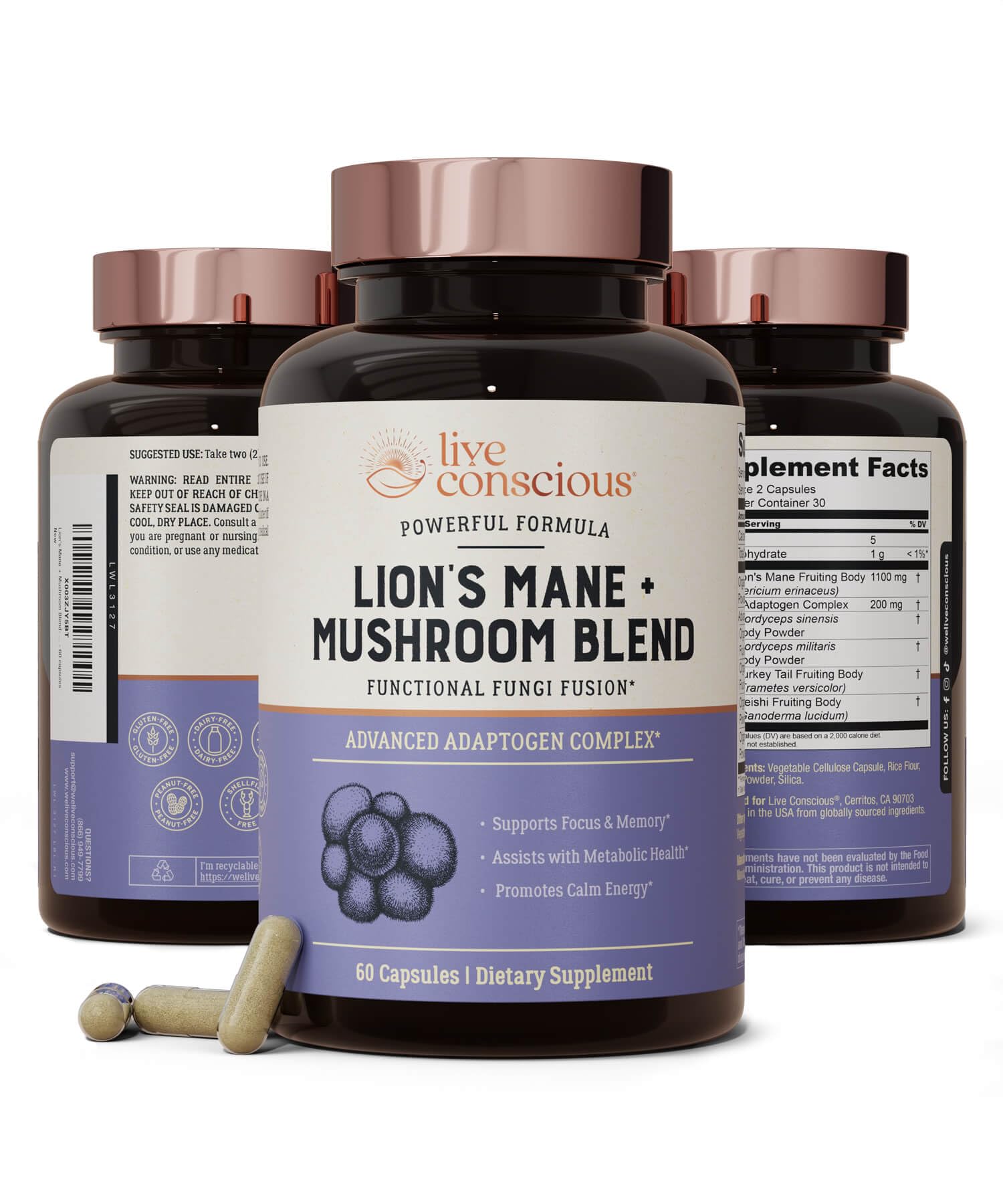 Live Conscious Lions Mane Mushroom Supplement Capsule, 60 Count