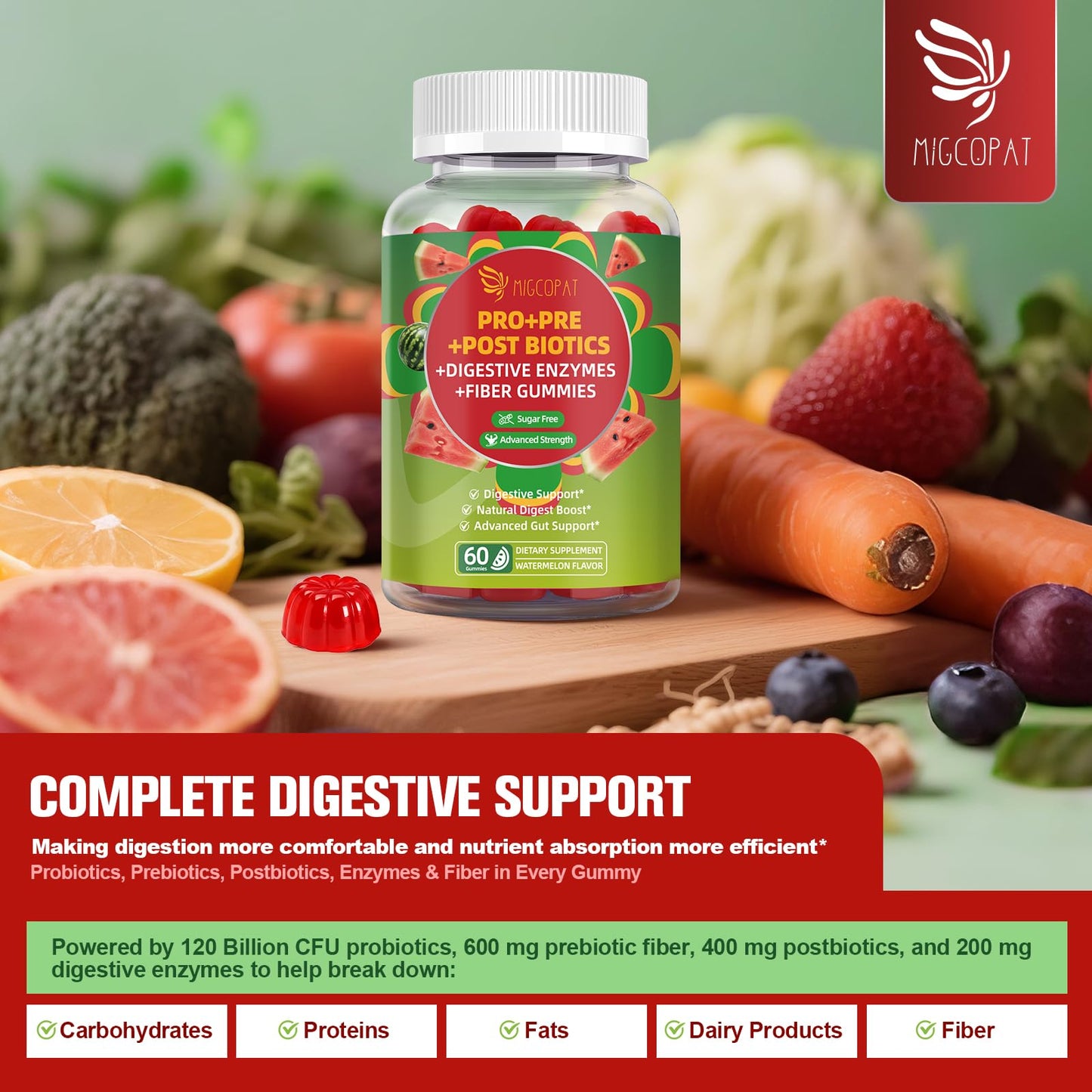 Migcopat Pre Post Probiotics Gummies, Digestive Enzymes with Fiber, 120 Billion CFU Probiotics - Digestive Health, Sugar Free, Vegan, Watermelon, 120 Count