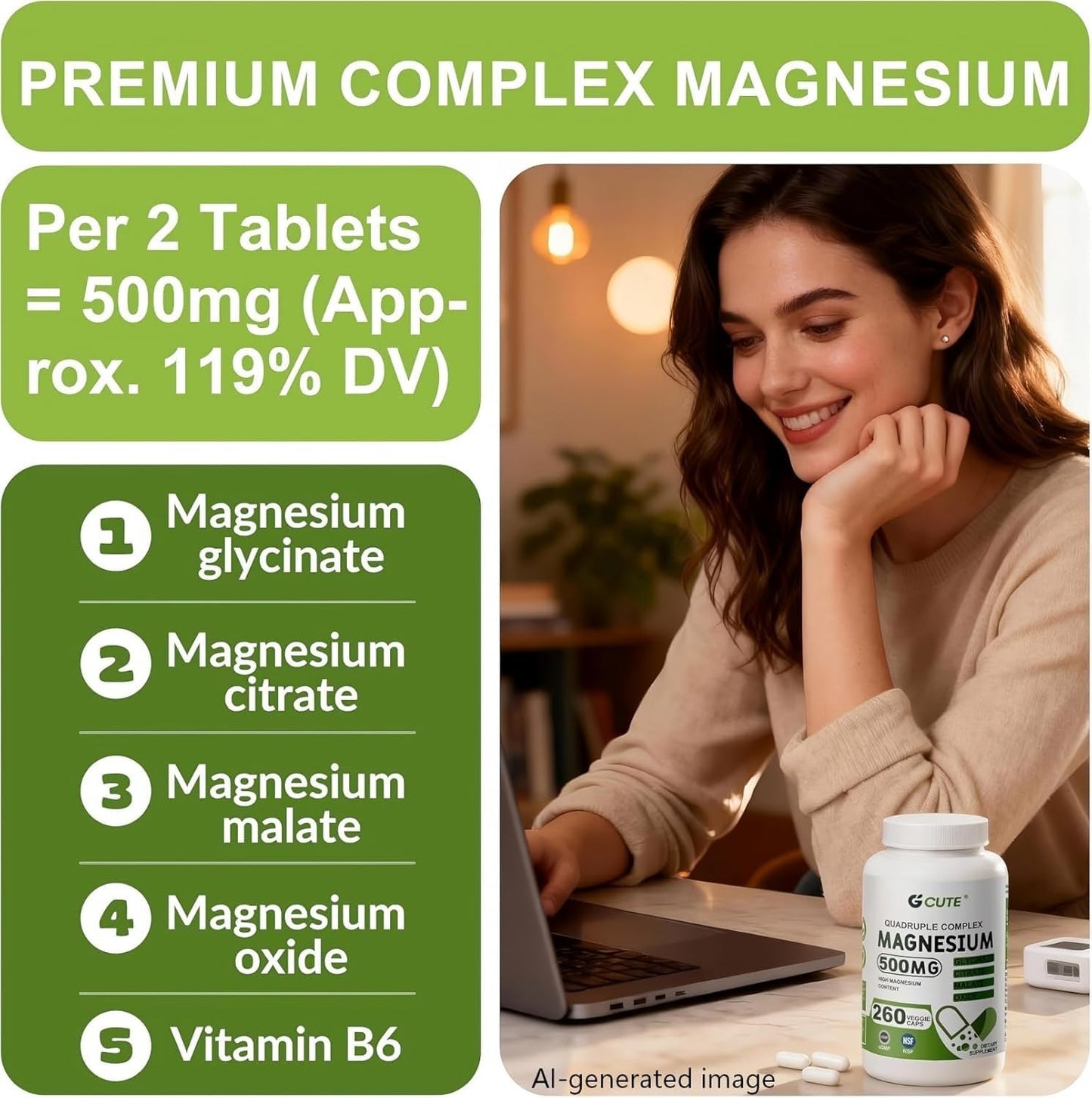 GCUTE Magnesium Glycinate Complex Capsules, 130 Servings