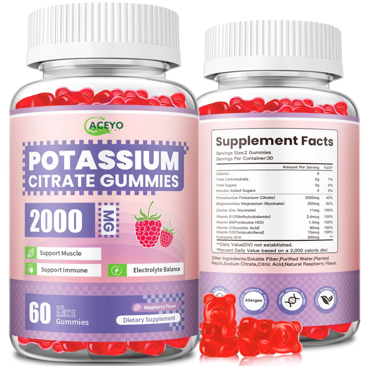 ACEYO Potassium Citrate Gummies 2000mg, 60 Count