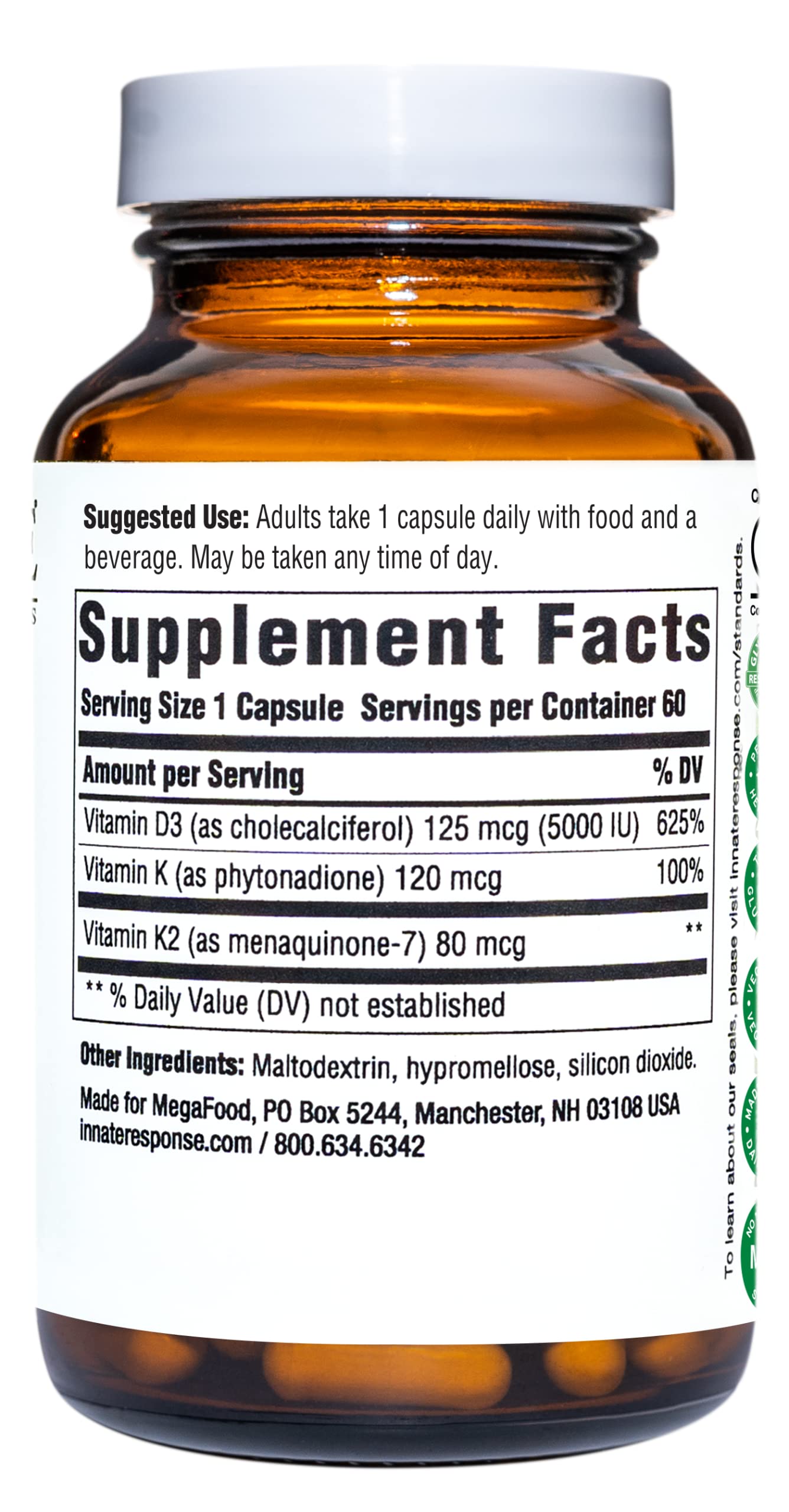 Innate Response Formulas Vitamin D3 5000 IU (125 mcg) - Supplement That Supports Immune and Bone Health - Blend of Vitamins D3, K1, and K2 - Vegetarian Capsules, 60 Count