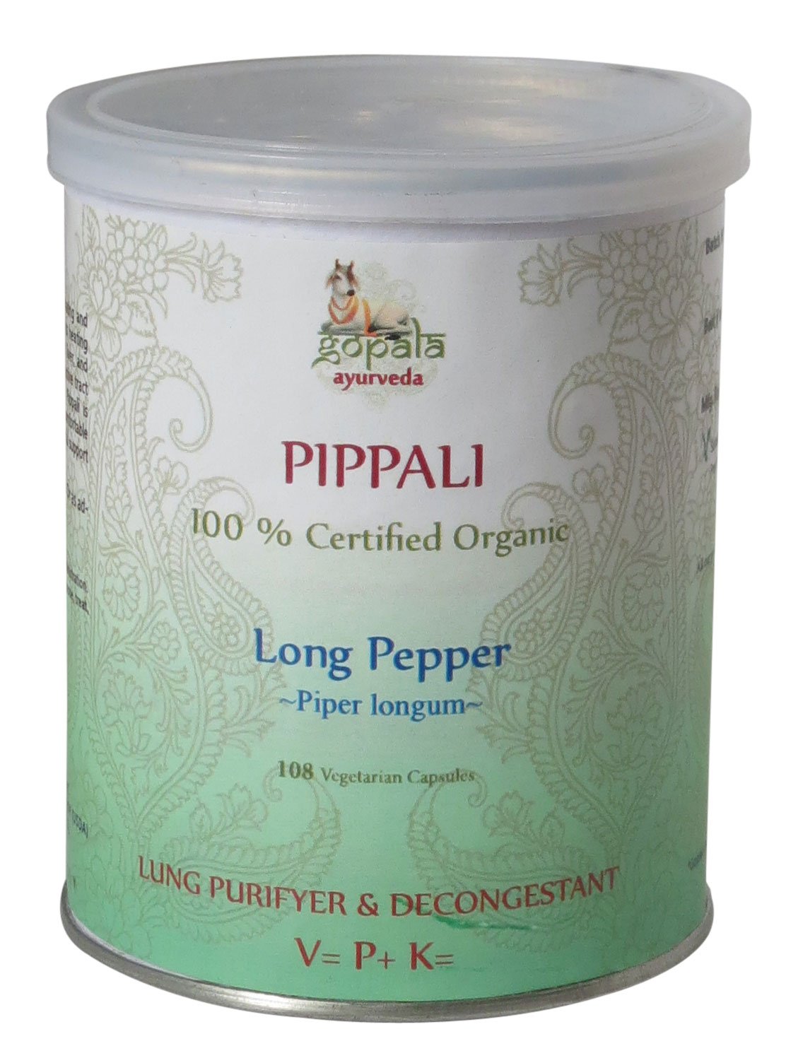 Gopala Ayurveda Pippali Piper longum Capsules, 108 VegCaps, 500 mg Each