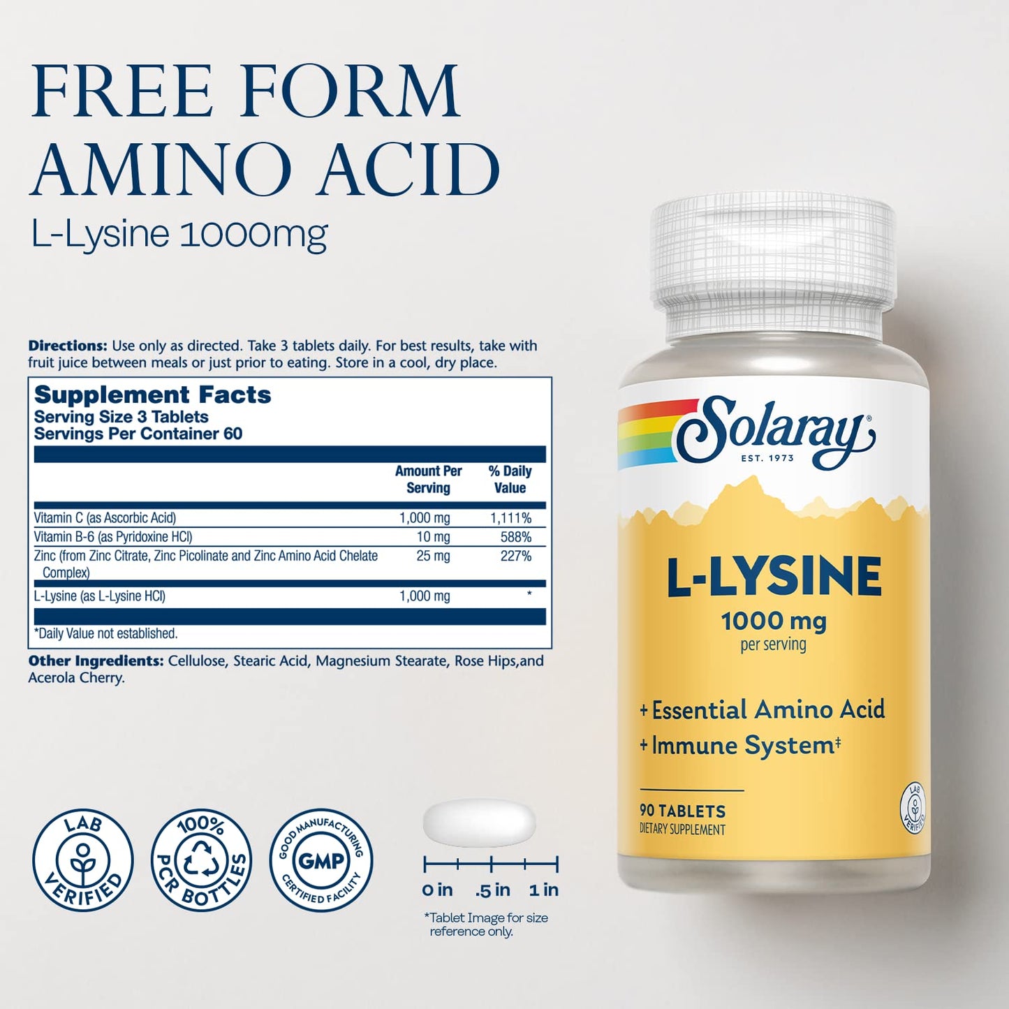 Solaray L-Lysine Free-Form Essential Amino Acid Immune Support Tablet, 90 Tablets