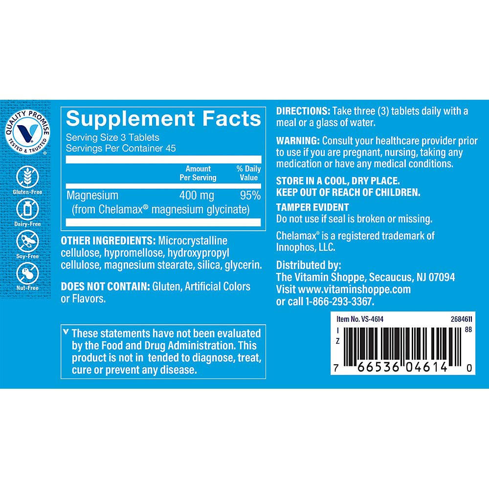 The Vitamin Shoppe Magnesium Glycinate 400 mg Tablets 135 Count