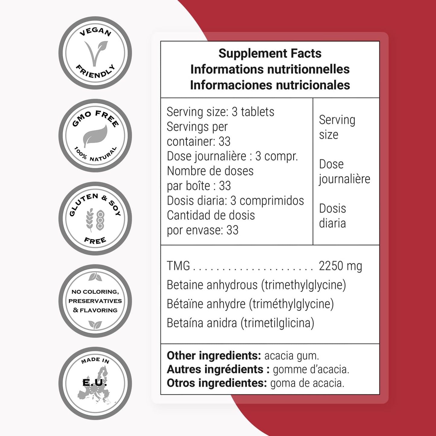 Supersmart TMG 2250mg per Day (High Strength) - TMG Trimethylglycine - Betaine Anhydrous Supplement, 100 Tablets