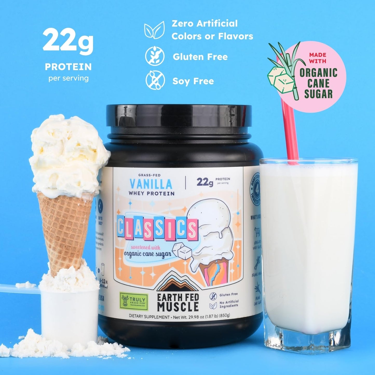 Earth Fed Muscle Classics Vanilla Grass-Fed Whey Protein with Real Organic Sugar Powder 30 Servings