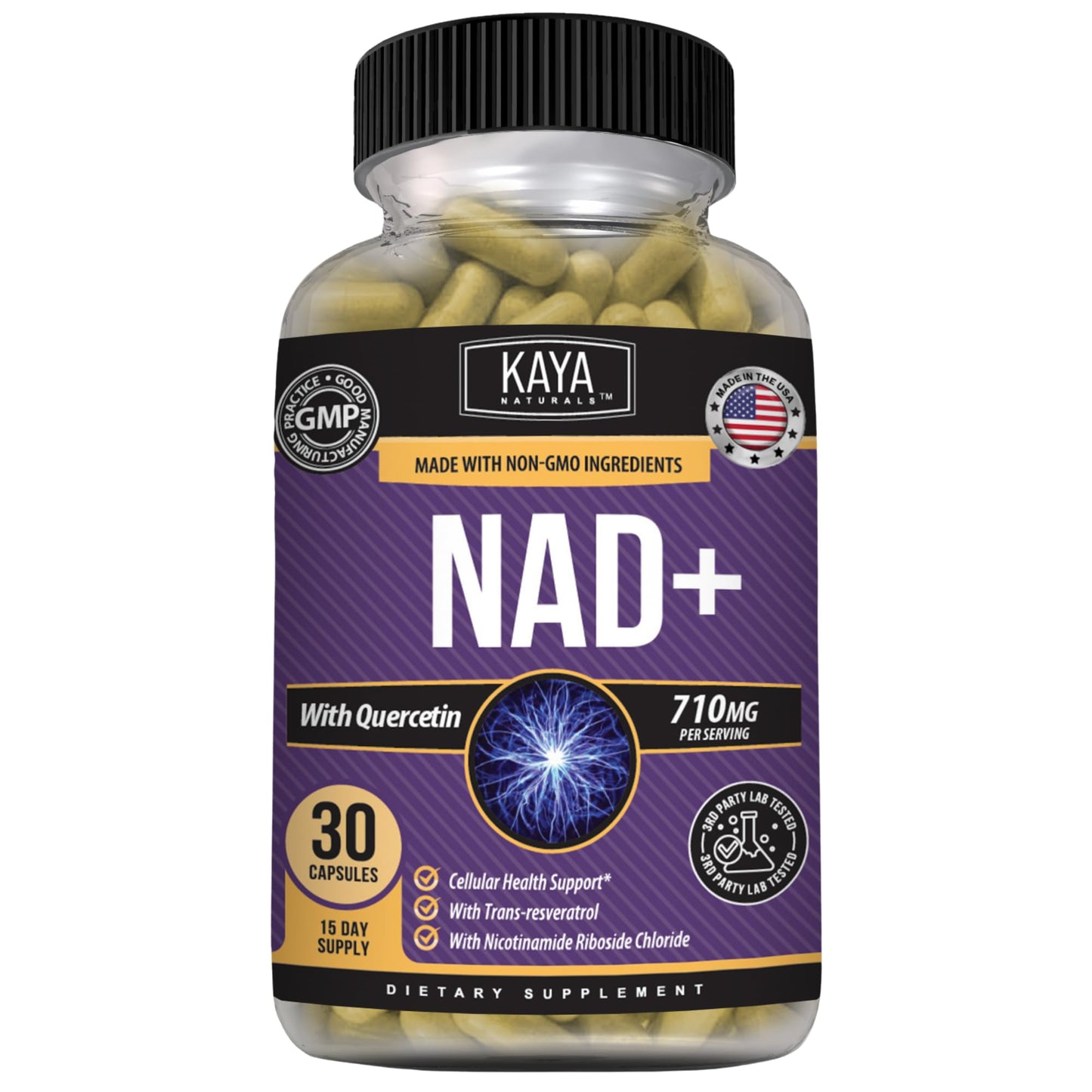 Kaya Naturals NAD+ with Trans-Resveratrol 710mg per Serving Capsule, 60 Count