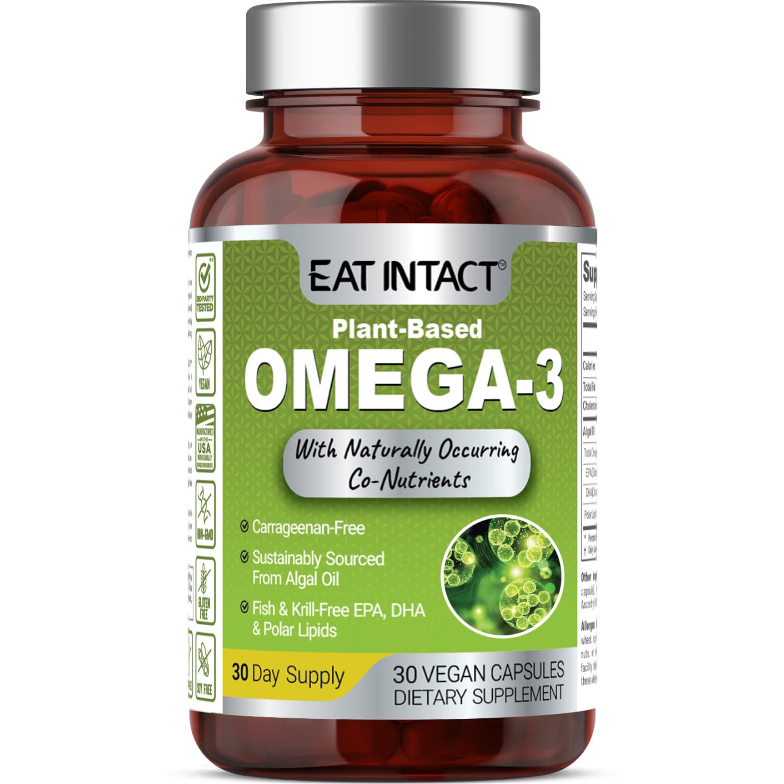 EAT INTACT Vegan Omega 3 from Algae Oil – Plant-Based, Unconcentrated EPA & DHA with Naturally Occurring Polar Lipids – Fish & Krill Oil Alternative – Carrageenan-Free, Non-GMO – 1 Capsule