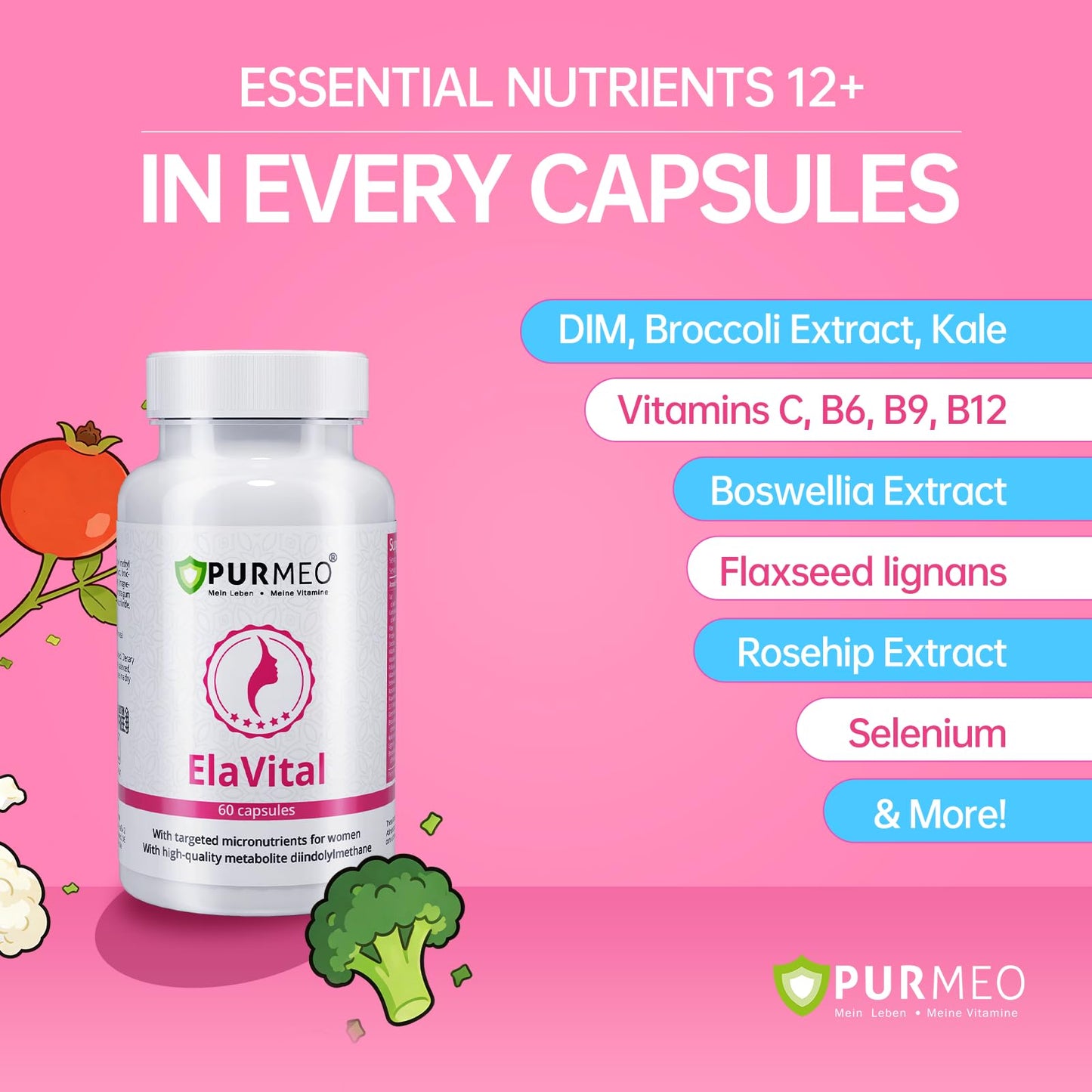 purmeo Women Hormone Balance, Energy and Beauty Support DIM, Natural Herbal Capsules with Vitamin B Complex, Gluten-Free, GMO-Free, Vegan, 60 Capsules