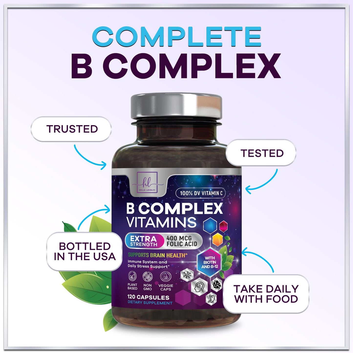 Hello Lovely! B Complex Vitamin Supplement 3X Strength with Biotin, Vitamin C & Folic Acid, 120 Capsules