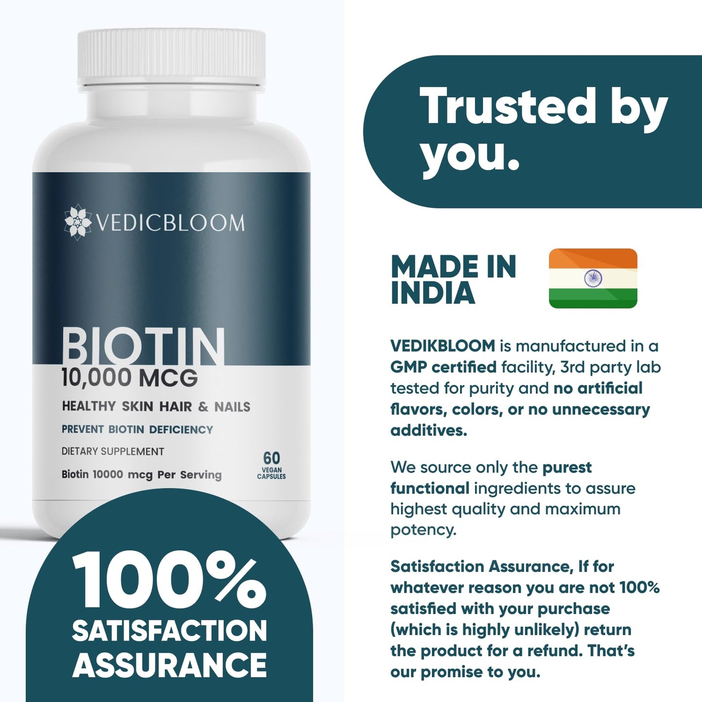 VEDICBLOOM Biotin for Women 10,000 mcg, 60 Capsules