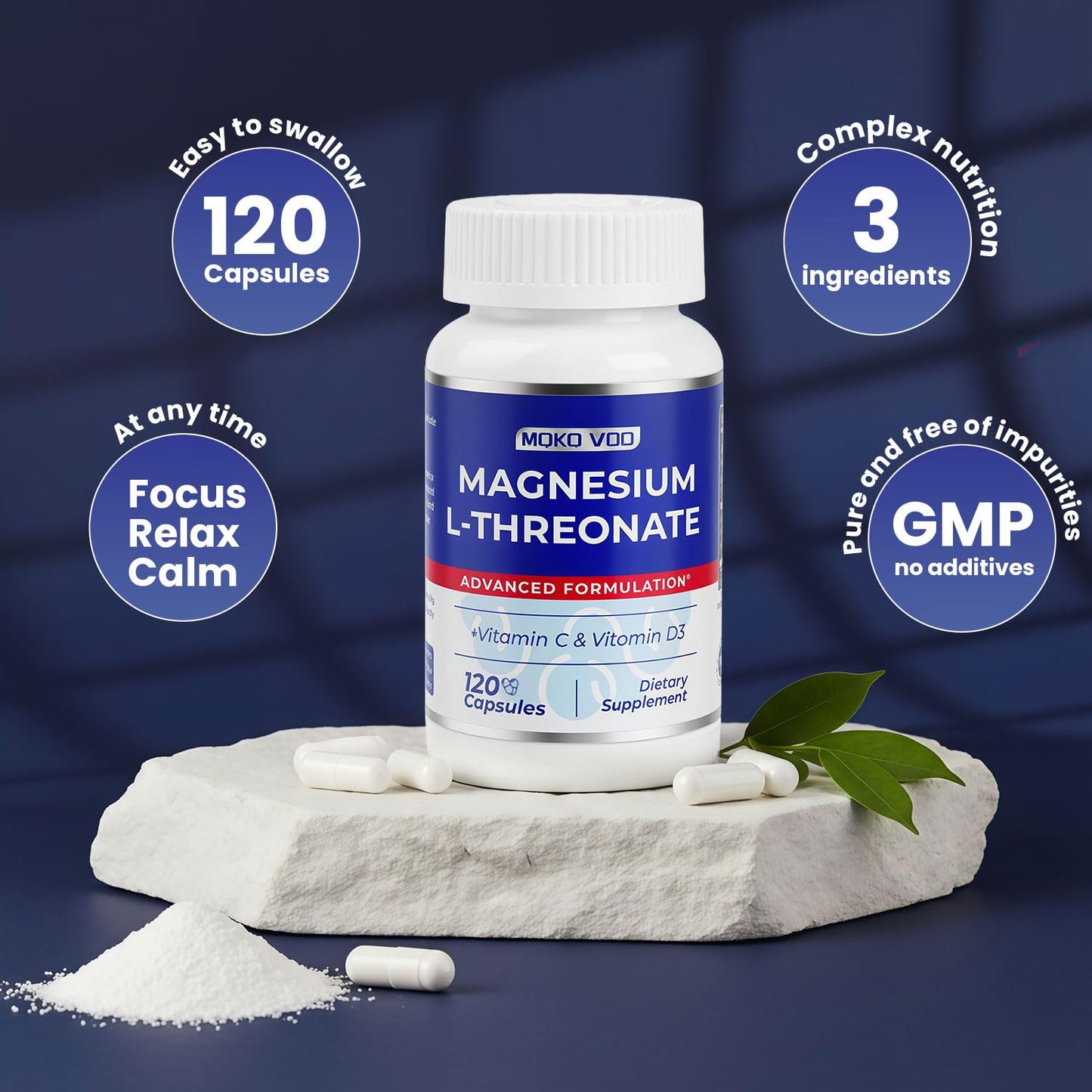 MQKQ VDD Magnesium L-Threonate Vitamin C & D3 Capsules 120 Count