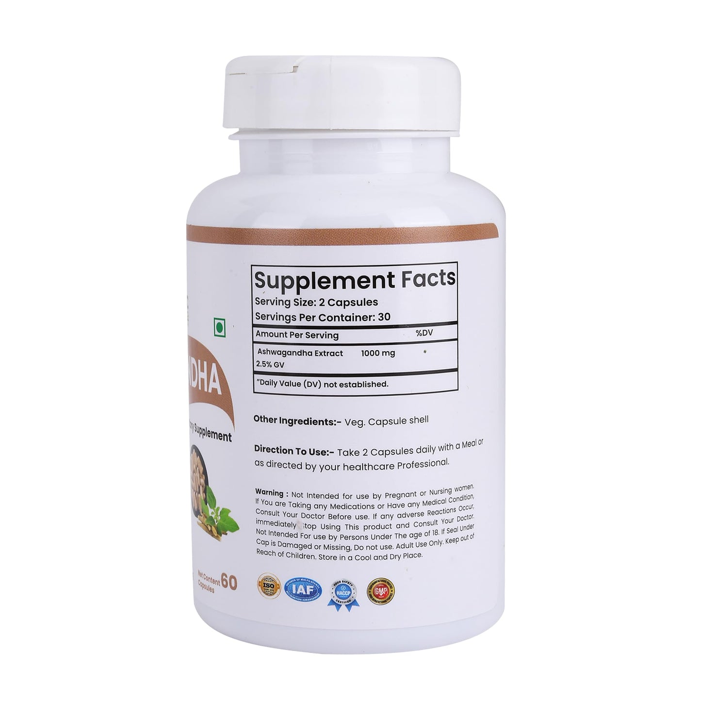ORGANIC VEDAA HOLISTIC CARE Natural Fiber Ashwagandha Capsules 60 Capsules