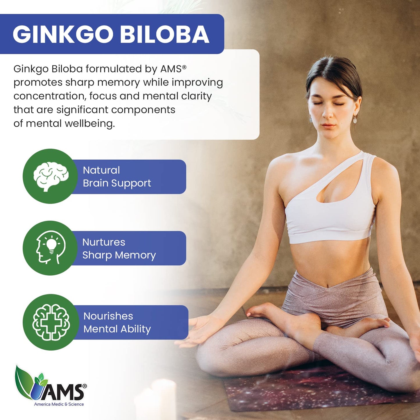 America Medic & Science Ginkgo Biloba 60mg Mind Enhancer with Herbal Leaf Extract Softgels 60