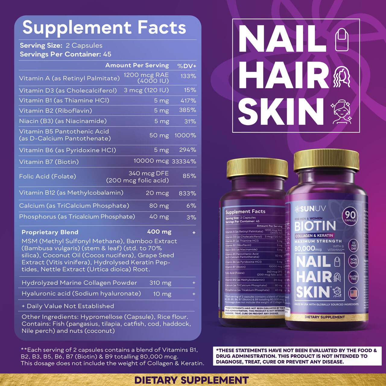 SUNUV Biotin 10,000mcg Collagen Keratin Hyaluronic Acid Hair Growth Vitamins for Hair Skin & Nails Support 90 Capsules