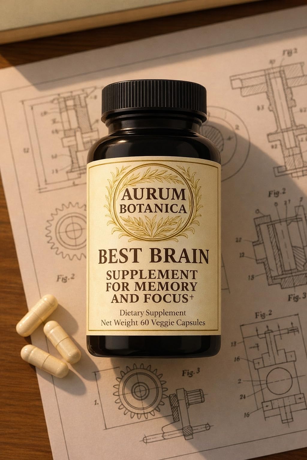 AURUM BOTANICA Best Brain Supplement for Memory and Focus with L-Theanine, Lion's Mane, Vitamin B6, B12, D3, Folate, L-Tyrosine, Bacopa Monnieri, Alpha GPC, Theacrine, 30mg Natural Caffeine, Capsules, 60 Count