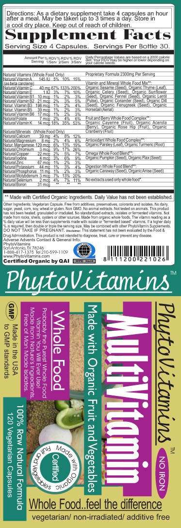 Nature's Brands Organic Whole Food Iron Free MultiVitamin by PhytoVitamins, 120 Capsules