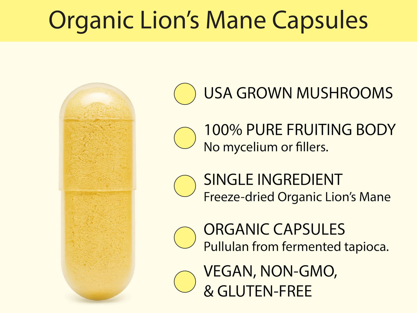 KOYAH Organic Lion's Mane Mushroom Capsules, Freeze-Dried, 60 Count