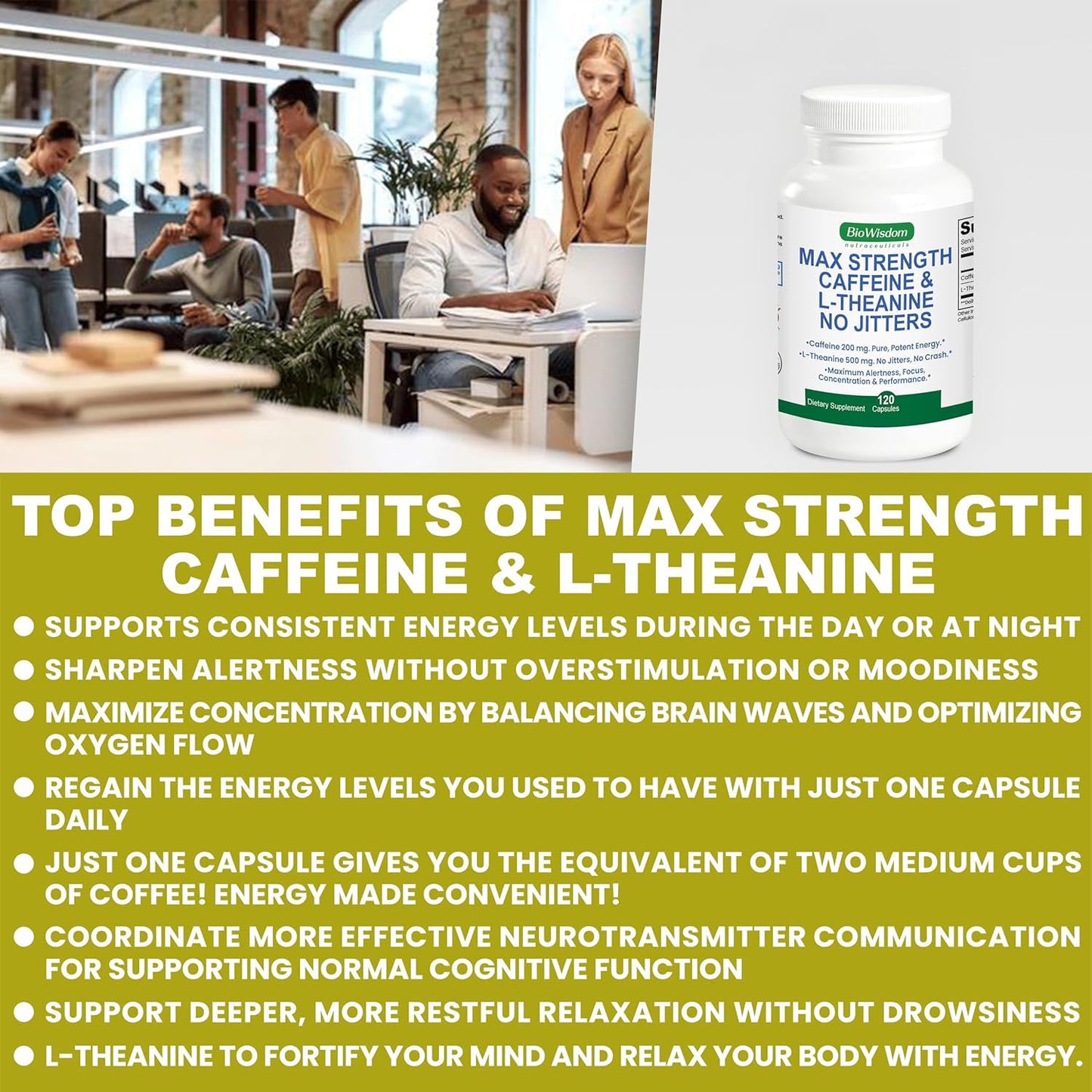 BioWisdom Nutraceuticals Max Strength Caffeine L-Theanine Capsules, 60 Count